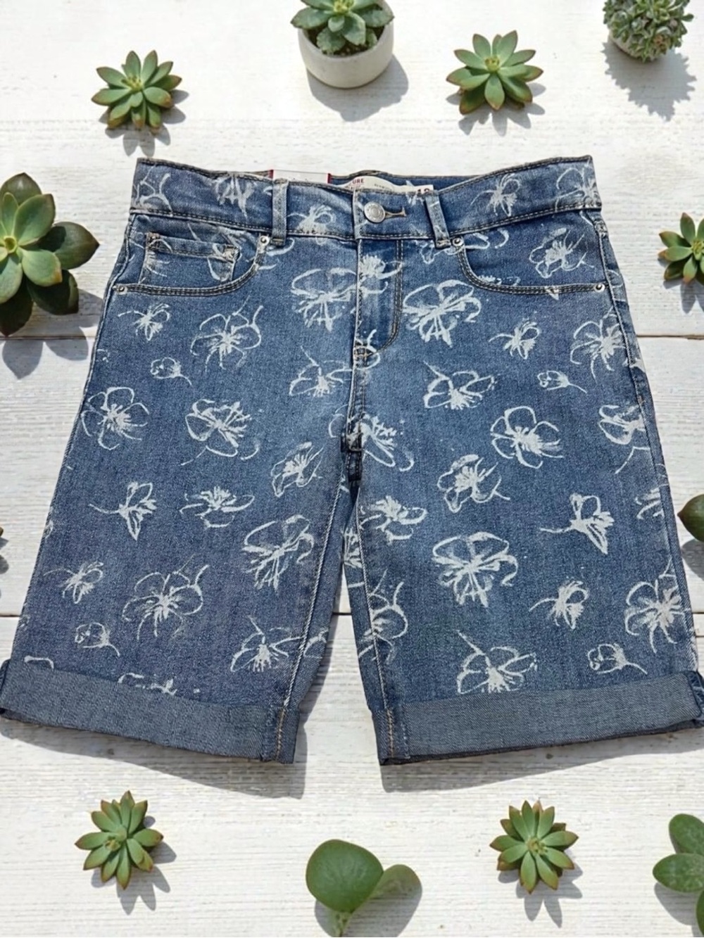 Y2K Levi Strauss Girls Floral Denim Shorts Size 12 Cuffed Stretch Boho AOP